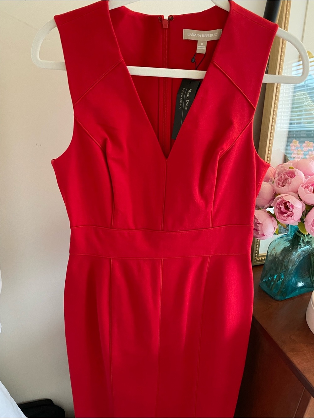 Banana Republic Vibrant Red V-Neck Midi Sheath Dress